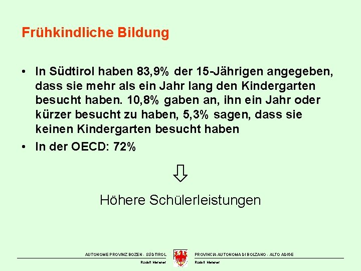 Frühkindliche Bildung • In Südtirol haben 83, 9% der 15 -Jährigen angegeben, dass sie