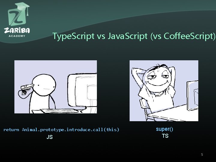 Type. Script vs Java. Script (vs Coffee. Script) return Animal. prototype. introduce. call(this) JS