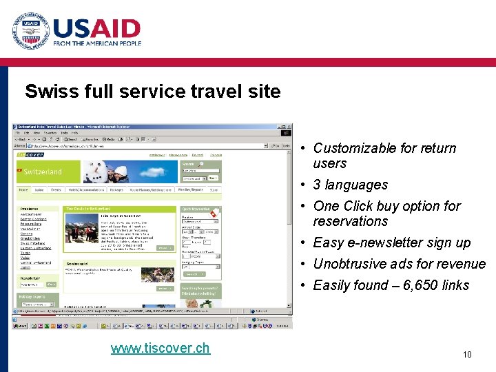 Swiss full service travel site • Customizable for return users • 3 languages •