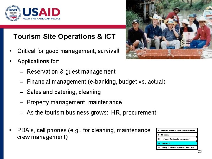 Tourism Site Operations & ICT • Critical for good management, survival! • Applications for: