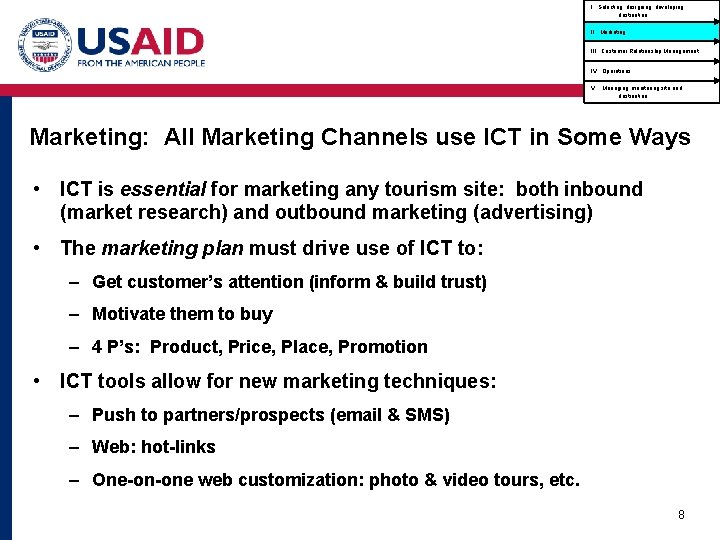 I. Selecting, designing, developing destination II. Marketing III. Customer Relationship Management IV. Operations V.