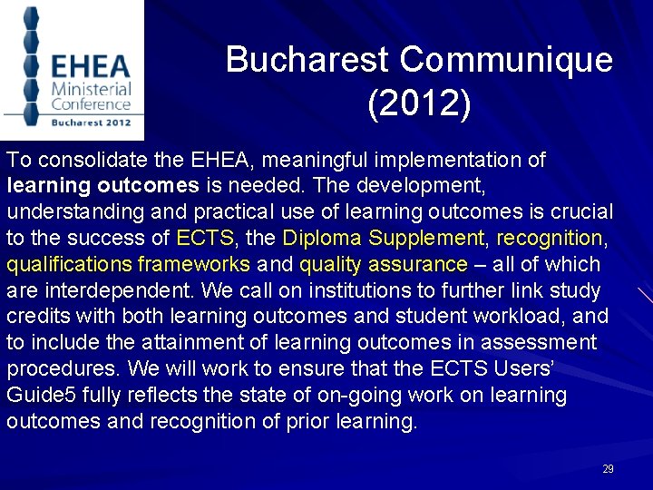 Bucharest Communique (2012) To consolidate the EHEA, meaningful implementation of learning outcomes is needed.