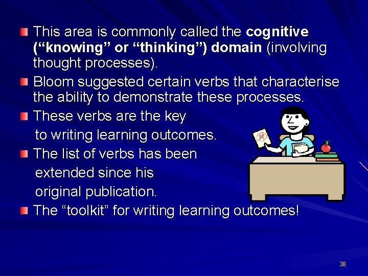 This area is commonly called the cognitive (“knowing” or “thinking”) domain (involving thought processes).