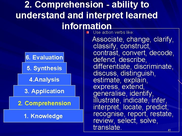 2. Comprehension - ability to understand interpret learned information Use action verbs like: 6.