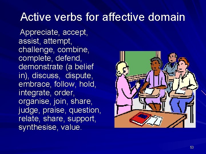 Active verbs for affective domain Appreciate, accept, assist, attempt, challenge, combine, complete, defend, demonstrate