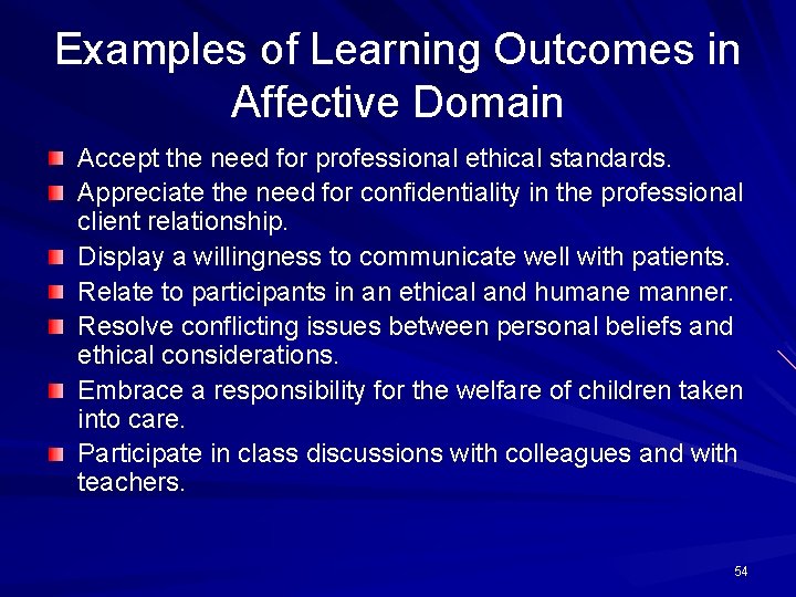 Examples of Learning Outcomes in Affective Domain Accept the need for professional ethical standards.