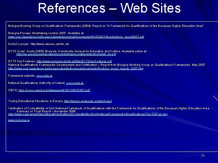 References – Web Sites Bologna Working Group on Qualifications Frameworks (2004). Report on “A