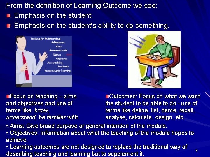 From the definition of Learning Outcome we see: Emphasis on the student’s ability to