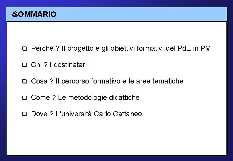 SOMMARIO Perché ? Il progetto e gli obiettivi formativi del Pd. E in PM