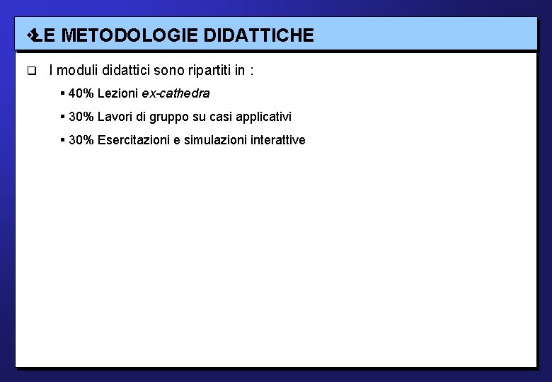  LE METODOLOGIE DIDATTICHE I moduli didattici sono ripartiti in : 40% Lezioni ex-cathedra