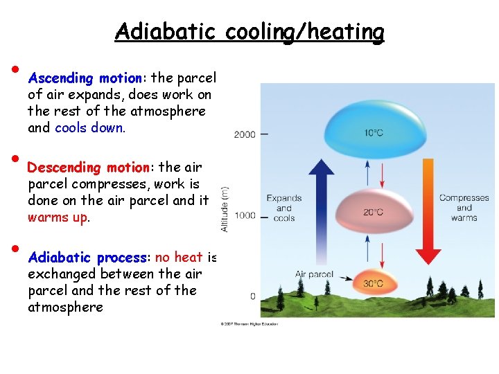  • • • Adiabatic cooling/heating Ascending motion: the parcel of air expands, does