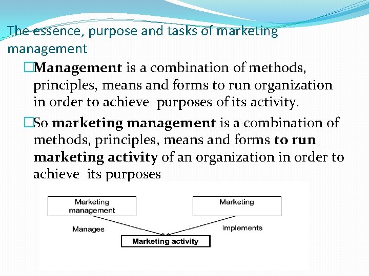 The essence, purpose and tasks of marketing management �Management is a combination of methods,