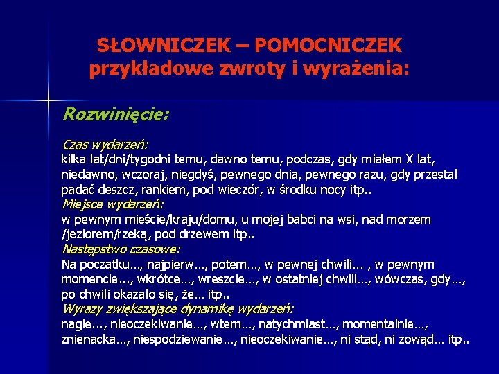 SŁOWNICZEK – POMOCNICZEK przykładowe zwroty i wyrażenia: Rozwinięcie: Czas wydarzeń: kilka lat/dni/tygodni temu, dawno