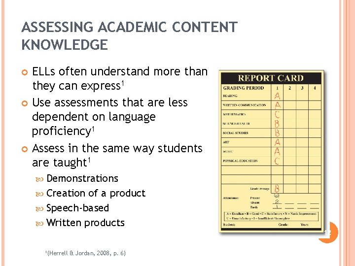 ASSESSING ACADEMIC CONTENT KNOWLEDGE ELLs often understand more than they can express 1 Use