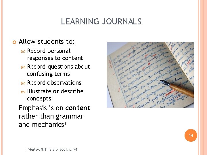 LEARNING JOURNALS Allow students to: Record personal responses to content Record questions about confusing