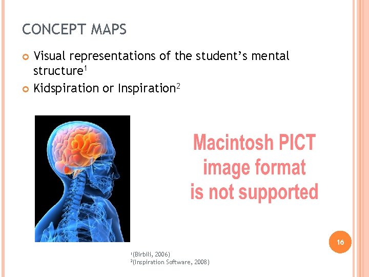 CONCEPT MAPS Visual representations of the student’s mental structure 1 Kidspiration or Inspiration 2