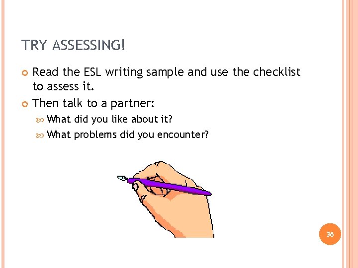 TRY ASSESSING! Read the ESL writing sample and use the checklist to assess it.