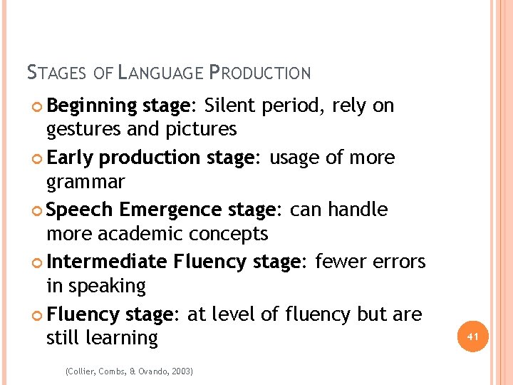 STAGES OF LANGUAGE PRODUCTION Beginning stage: Silent period, rely on gestures and pictures Early