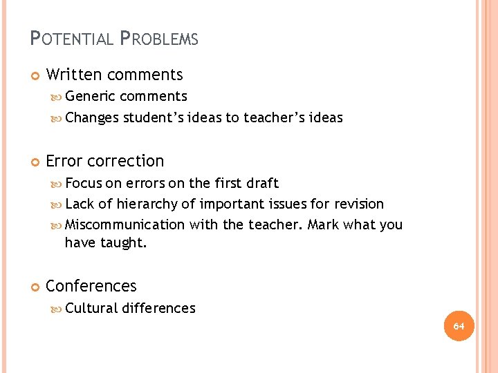 POTENTIAL PROBLEMS Written comments Generic comments Changes student’s ideas to teacher’s ideas Error correction