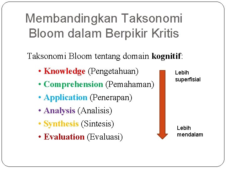Membandingkan Taksonomi Bloom dalam Berpikir Kritis Taksonomi Bloom tentang domain kognitif: • Knowledge (Pengetahuan)