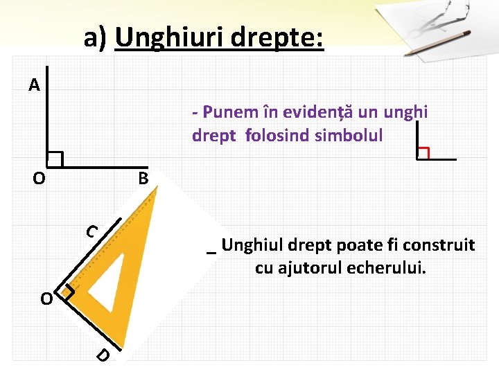 a) Unghiuri drepte: A - Punem în evidență un unghi drept folosind simbolul O