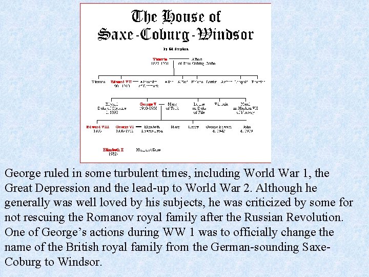 George ruled in some turbulent times, including World War 1, the Great Depression and