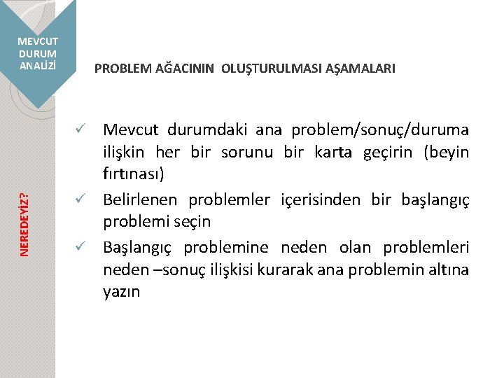 MEVCUT DURUM ANALİZİ PROBLEM AĞACININ OLUŞTURULMASI AŞAMALARI Mevcut durumdaki ana problem/sonuç/duruma ilişkin her bir