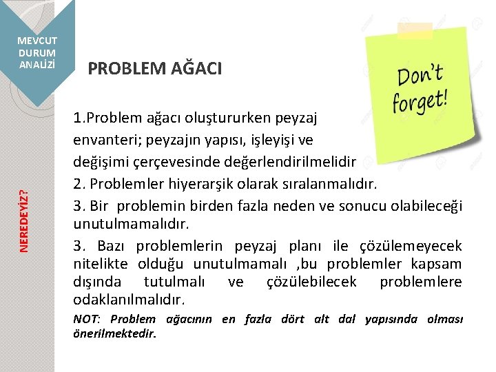 NEREDEYİZ? MEVCUT DURUM ANALİZİ PROBLEM AĞACI 1. Problem ağacı oluştururken peyzaj envanteri; peyzajın yapısı,