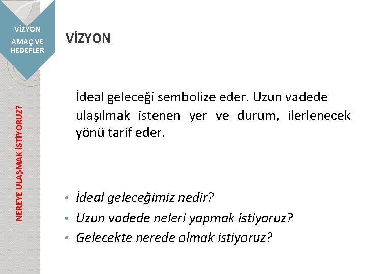 NEREYE ULAŞMAK İSTİYORUZ? VİZYON AMAÇ VE HEDEFLER VİZYON İdeal geleceği sembolize eder. Uzun vadede