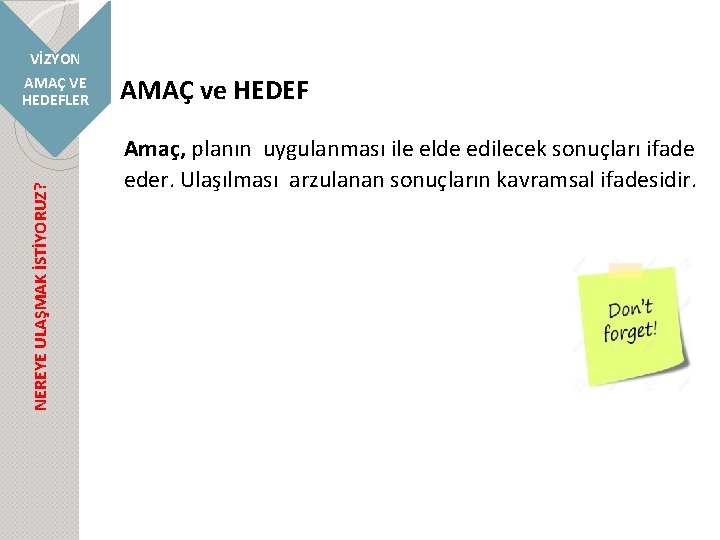 NEREYE ULAŞMAK İSTİYORUZ? VİZYON AMAÇ VE HEDEFLER AMAÇ ve HEDEF Amaç, planın uygulanması ile
