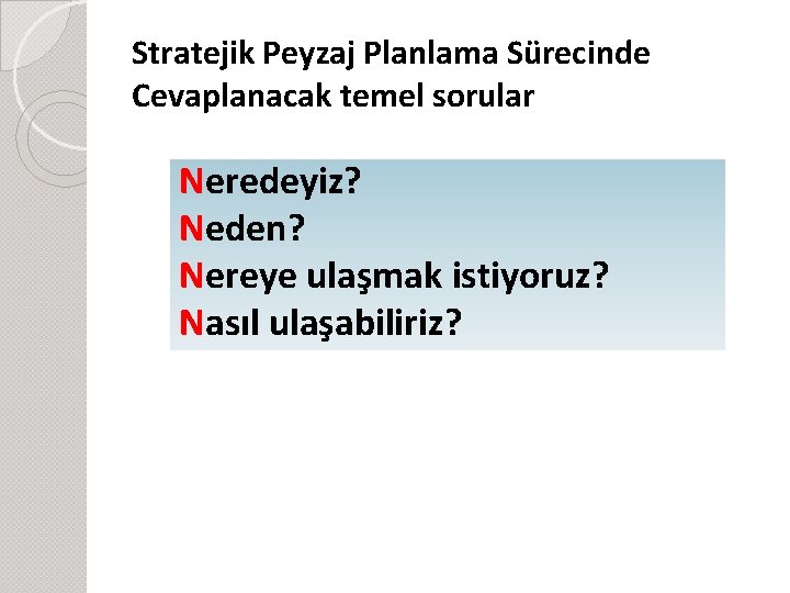 Stratejik Peyzaj Planlama Sürecinde Cevaplanacak temel sorular Neredeyiz? Neden? Nereye ulaşmak istiyoruz? Nasıl ulaşabiliriz?