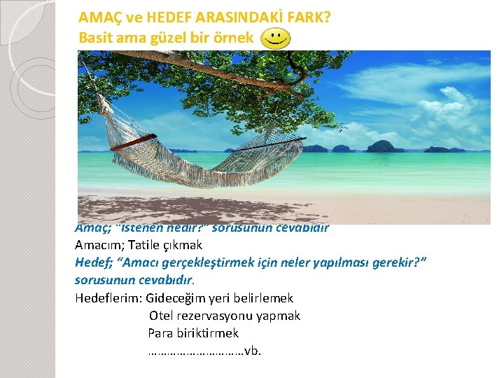 AMAÇ ve HEDEF ARASINDAKİ FARK? Basit ama güzel bir örnek Amaç; “İstenen nedir? ”