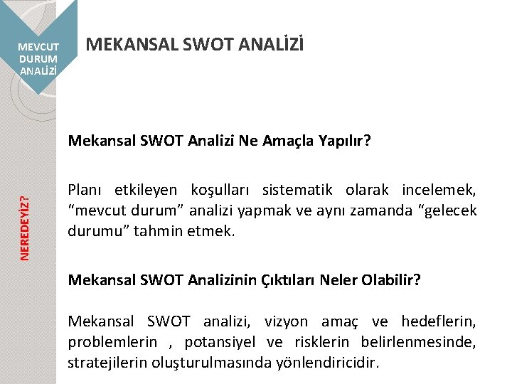 MEVCUT DURUM ANALİZİ MEKANSAL SWOT ANALİZİ NEREDEYİZ? Mekansal SWOT Analizi Ne Amaçla Yapılır? Planı