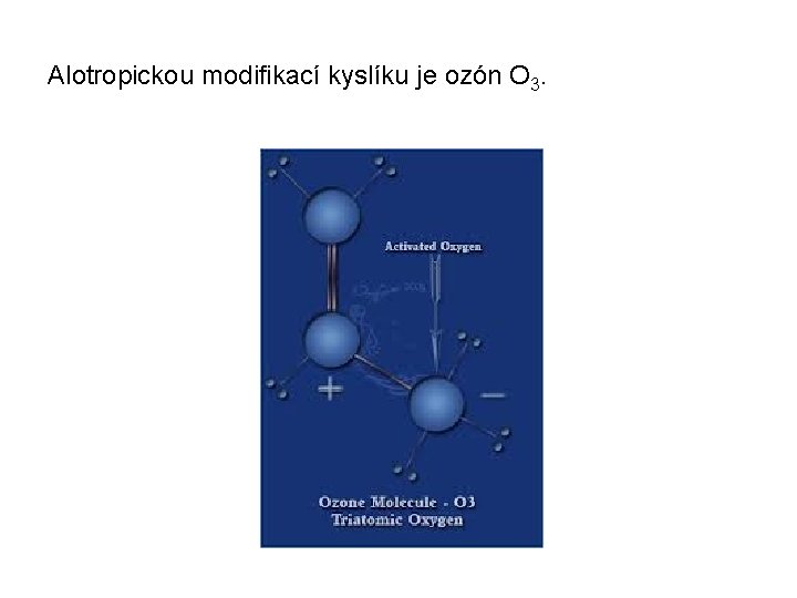 Alotropickou modifikací kyslíku je ozón O 3. 