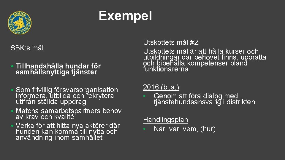 Exempel SBK: s mål • Tillhandahålla hundar för samhällsnyttiga tjänster • Som frivillig försvarsorganisation