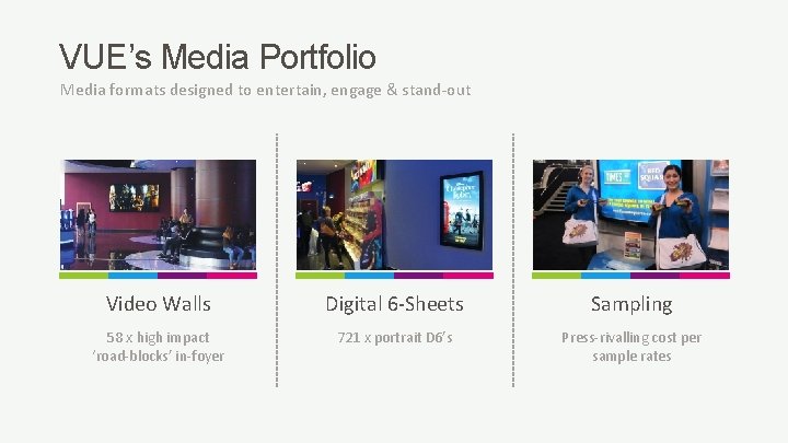 VUE’s Media Portfolio Media formats designed to entertain, engage & stand-out Video Walls Digital