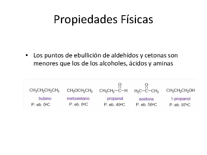 Propiedades Físicas • Los puntos de ebullición de aldehídos y cetonas son menores que