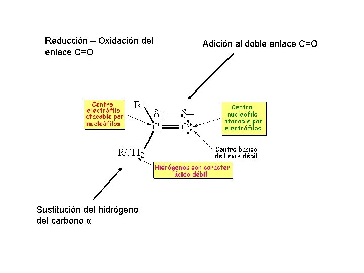 Reducción – Oxidación del enlace C=O Adición al doble enlace C=O Sustitución del hidrógeno