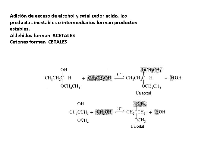 Adición de exceso de alcohol y catalizador ácido, los productos inestables o intermediarios forman