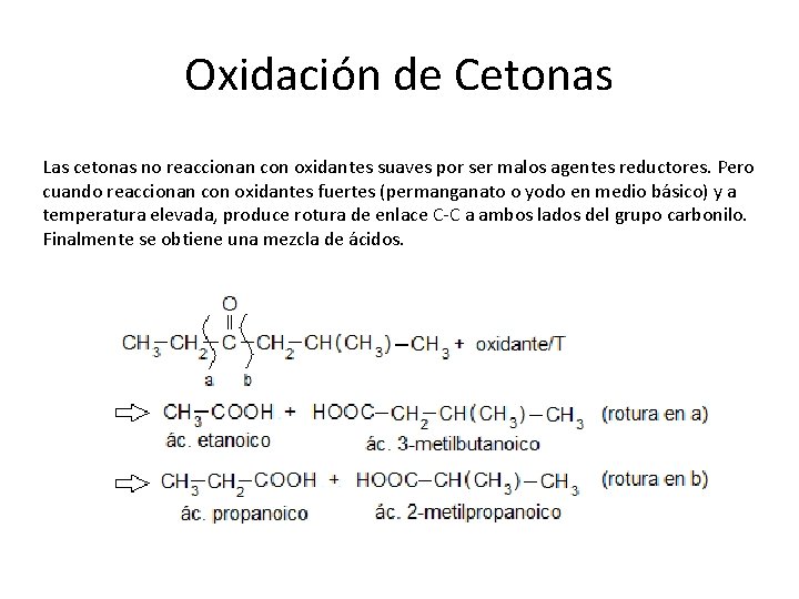 Oxidación de Cetonas Las cetonas no reaccionan con oxidantes suaves por ser malos agentes