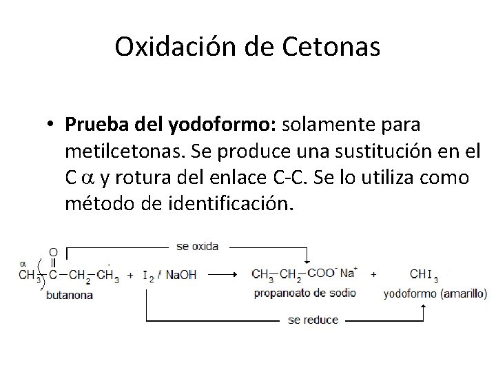 Oxidación de Cetonas • Prueba del yodoformo: solamente para metilcetonas. Se produce una sustitución