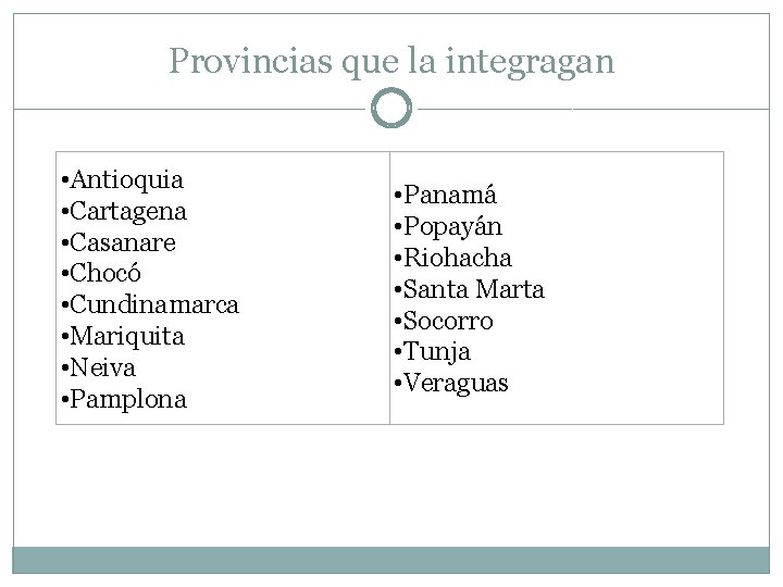 Provincias que la integragan • Antioquia • Cartagena • Casanare • Chocó • Cundinamarca