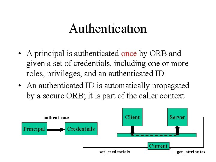 Authentication • A principal is authenticated once by ORB and given a set of