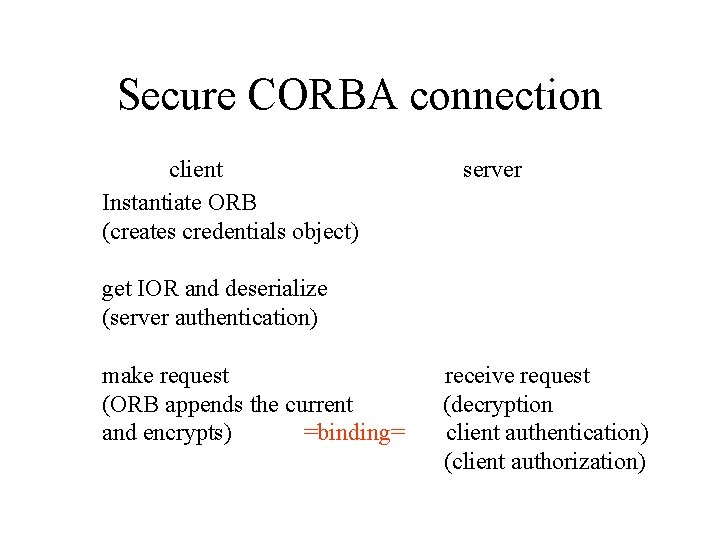 Secure CORBA connection client Instantiate ORB (creates credentials object) server get IOR and deserialize