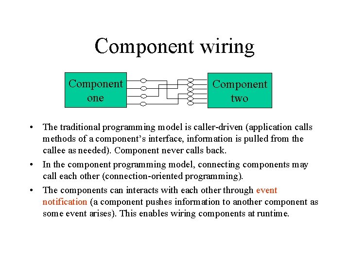 Component wiring Component one Component two • The traditional programming model is caller-driven (application