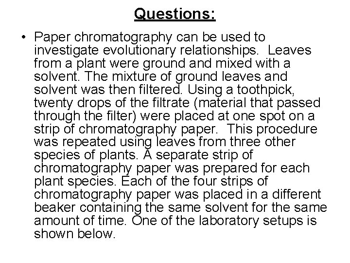 Questions: • Paper chromatography can be used to investigate evolutionary relationships. Leaves from a