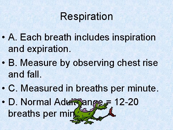 Respiration • A. Each breath includes inspiration and expiration. • B. Measure by observing