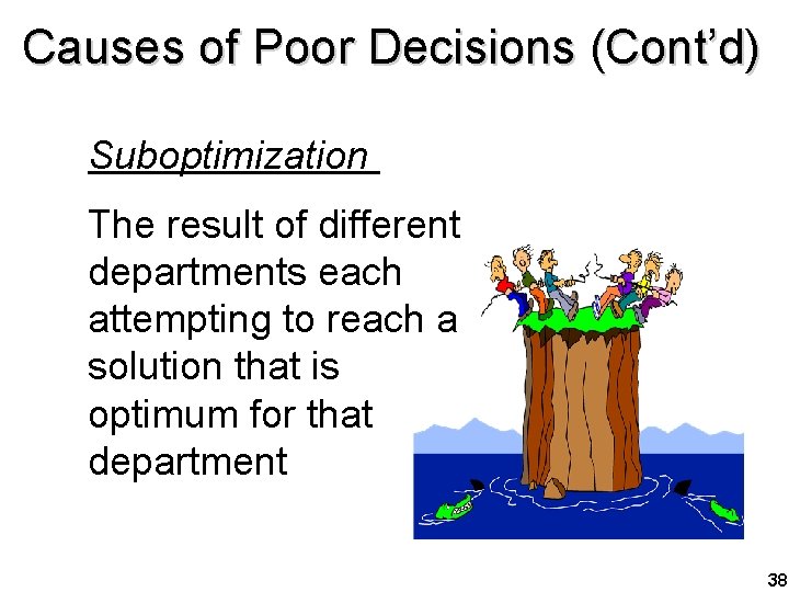 Causes of Poor Decisions (Cont’d) Suboptimization The result of different departments each attempting to