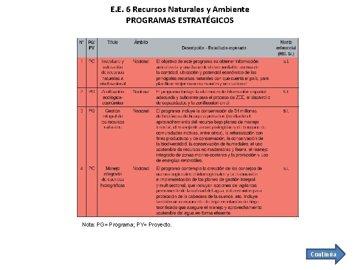 E. E. 6 Recursos Naturales y Ambiente PROGRAMAS ESTRATÉGICOS Nota: PG= Programa; PY= Proyecto.