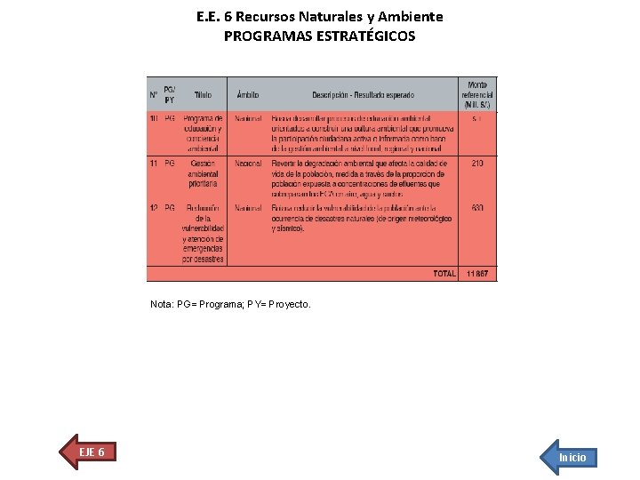 E. E. 6 Recursos Naturales y Ambiente PROGRAMAS ESTRATÉGICOS Nota: PG= Programa; PY= Proyecto.